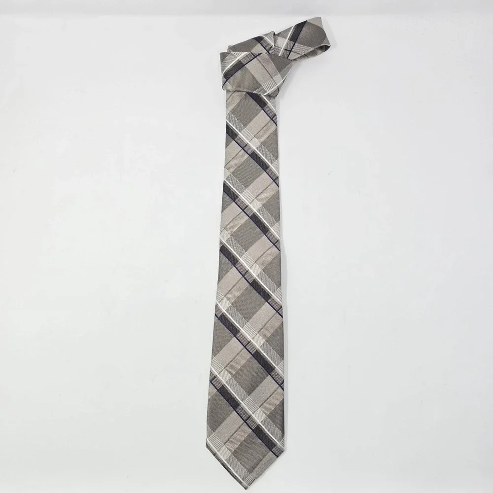 Michael Kors Mens Grey Plaid Silk Necktie Blue Accent Textured Formal Tie